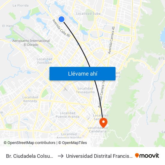 Br. Ciudadela Colsubsidio (Dg 86a - Kr 111a) to Universidad Distrital Francisco José De Caldas - Sede Vivero map