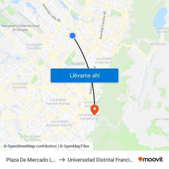 Plaza De Mercado Las Ferias (Ak 70 - Cl 73a) to Universidad Distrital Francisco José De Caldas - Sede Vivero map