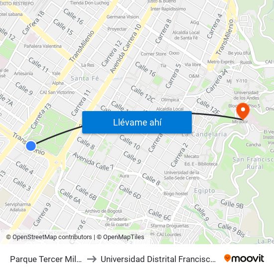 Parque Tercer Milenio (Ac 6 - Kr 12a) to Universidad Distrital Francisco José De Caldas - Sede Vivero map