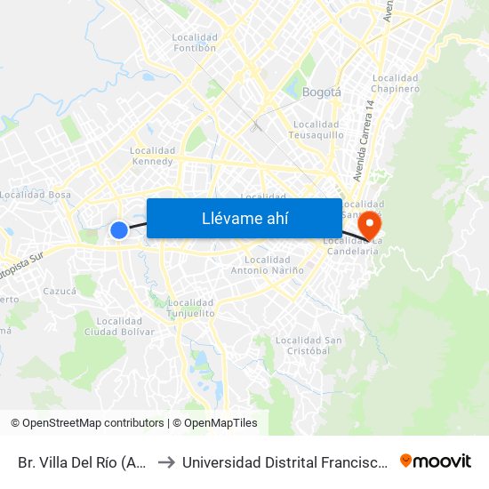 Br. Villa Del Río (Av. V/cio - Cl 54b Sur) to Universidad Distrital Francisco José De Caldas - Sede Vivero map