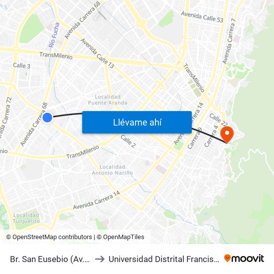 Br. San Eusebio (Av. 1 De Mayo - Kr 52a) (A) to Universidad Distrital Francisco José De Caldas - Sede Vivero map