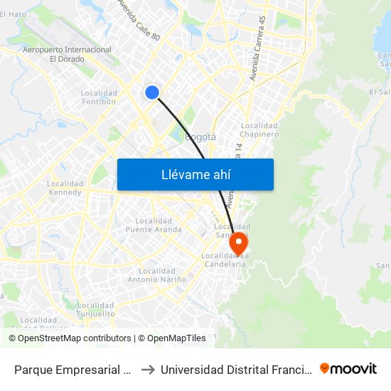 Parque Empresarial Normandía (Ac 63 - Kr 74a) to Universidad Distrital Francisco José De Caldas - Sede Vivero map