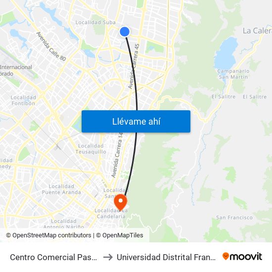 Centro Comercial Paseo San Rafael (Ac 134 - Kr 55a) to Universidad Distrital Francisco José De Caldas - Sede Vivero map