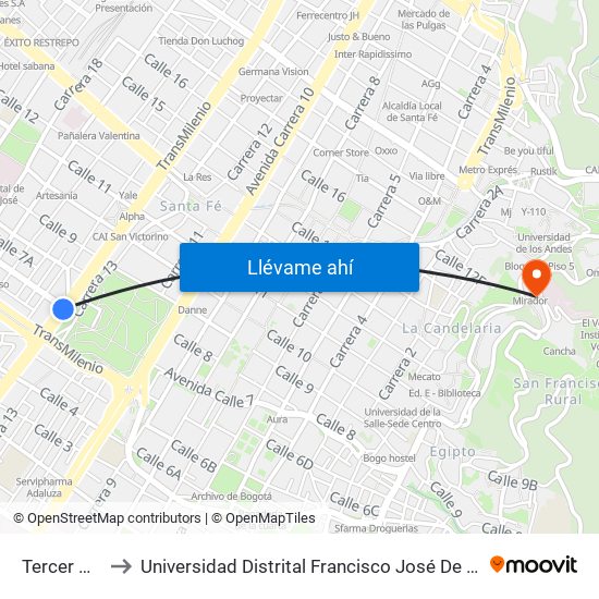 Tercer Milenio to Universidad Distrital Francisco José De Caldas - Sede Vivero map