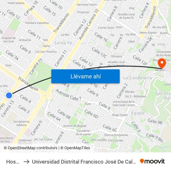 Hospital to Universidad Distrital Francisco José De Caldas - Sede Vivero map