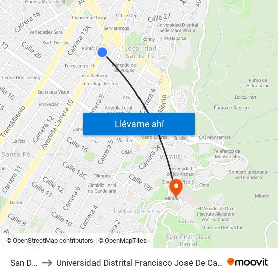 San Diego to Universidad Distrital Francisco José De Caldas - Sede Vivero map