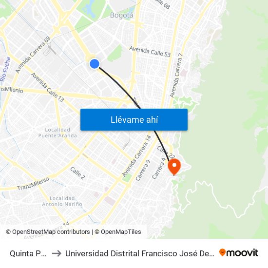 Quinta Paredes to Universidad Distrital Francisco José De Caldas - Sede Vivero map