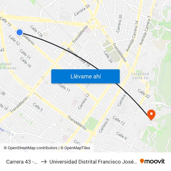 Carrera 43 - Comapan to Universidad Distrital Francisco José De Caldas - Sede Vivero map