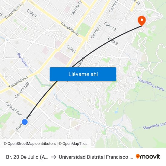 Br. 20 De Julio (Ak 10 - Cl 27a Sur) to Universidad Distrital Francisco José De Caldas - Sede Vivero map