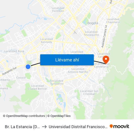 Br. La Estancia (Dg 57z Sur - Kr 74g) to Universidad Distrital Francisco José De Caldas - Sede Vivero map