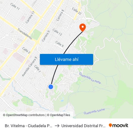 Br. Vitelma - Ciudadela Parque De La Roca (Cl 3 Sur - Kr 4a Este) to Universidad Distrital Francisco José De Caldas - Sede Vivero map