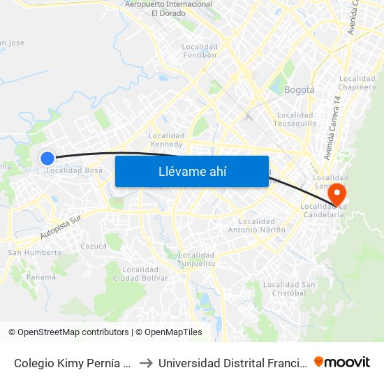 Colegio Kimy Pernía Domicó (Kr 89b - Cl 82 Sur) to Universidad Distrital Francisco José De Caldas - Sede Vivero map