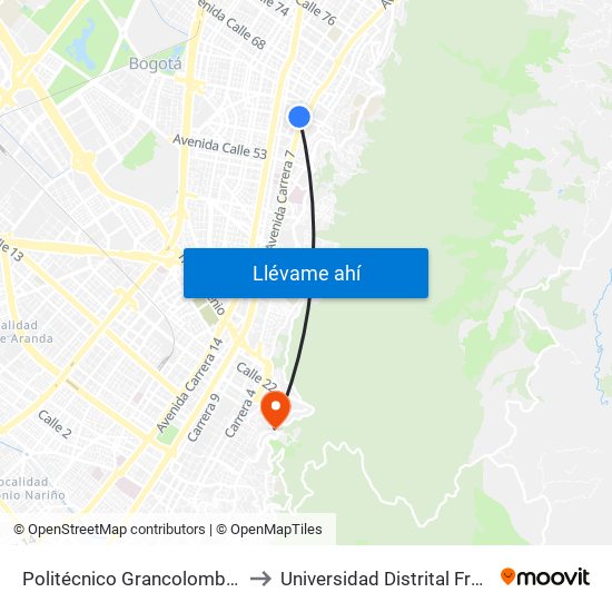 Politécnico Grancolombiano City Campus  - Calle 61 - Carrera 9 to Universidad Distrital Francisco José De Caldas - Sede Vivero map