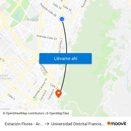 Estación Flores - Areandina (Kr 13 - Dg 68) to Universidad Distrital Francisco José De Caldas - Sede Vivero map