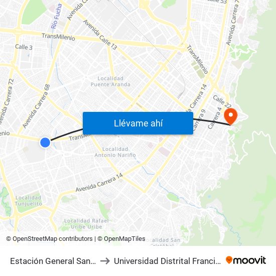 Estación General Santander (Dg 39a Sur - Tv 42) to Universidad Distrital Francisco José De Caldas - Sede Vivero map