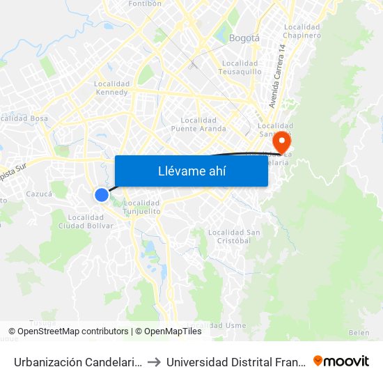 Urbanización Candelaria La Nueva (Kr 48g - Cl 59b Sur) to Universidad Distrital Francisco José De Caldas - Sede Vivero map