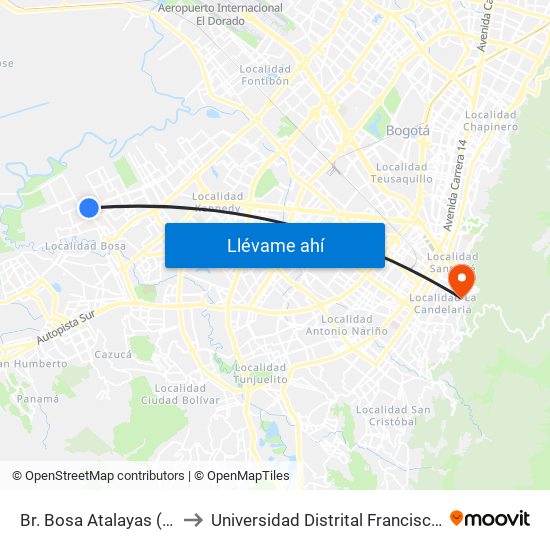 Br. Bosa Atalayas (Av. Tintal - Cl 61a Sur) to Universidad Distrital Francisco José De Caldas - Sede Vivero map