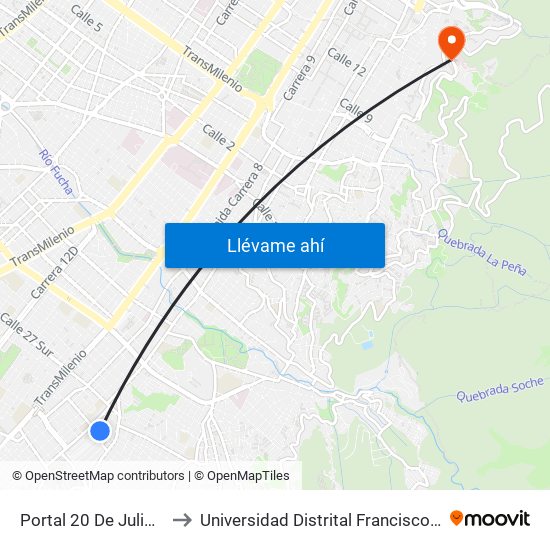 Portal 20 De Julio (Kr 5 - Cl 30a Sur) to Universidad Distrital Francisco José De Caldas - Sede Vivero map