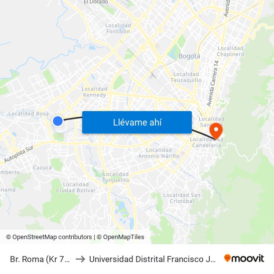 Br. Roma (Kr 79 - Cl 56c Sur) to Universidad Distrital Francisco José De Caldas - Sede Vivero map