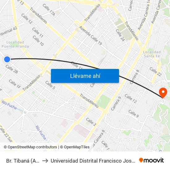 Br. Tibaná (Ac 3 - Kr 38) to Universidad Distrital Francisco José De Caldas - Sede Vivero map