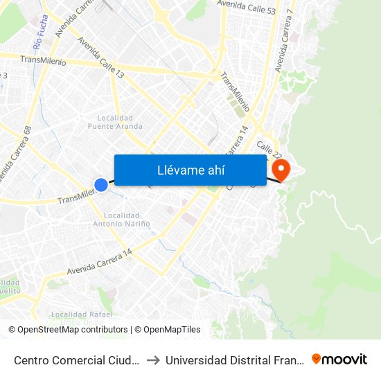 Centro Comercial Ciudad Montes (Auto Sur - Cl 11 Sur) to Universidad Distrital Francisco José De Caldas - Sede Vivero map