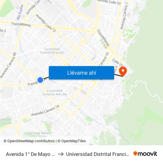 Avenida 1° De Mayo (Auto Sur - Av. 1 De Mayo) to Universidad Distrital Francisco José De Caldas - Sede Vivero map