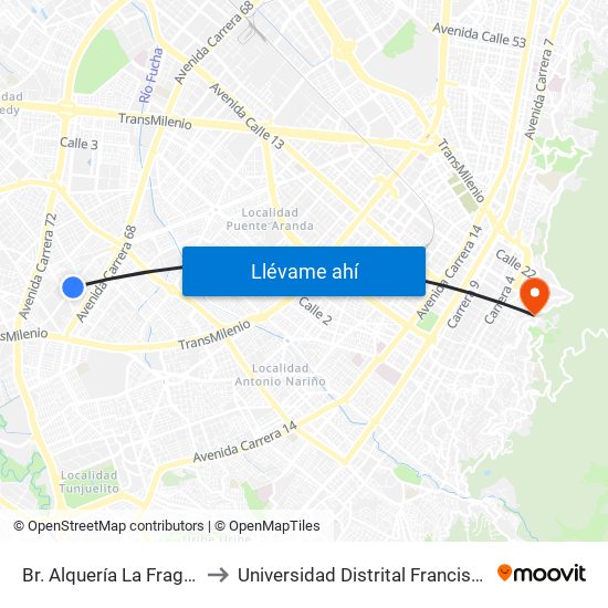 Br. Alquería La Fragua (Kr 68d - Cl 38a Sur) to Universidad Distrital Francisco José De Caldas - Sede Vivero map