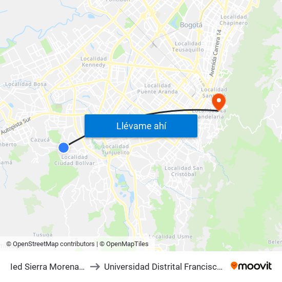 Ied Sierra Morena (Cl 75c Sur - Tv 53) to Universidad Distrital Francisco José De Caldas - Sede Vivero map
