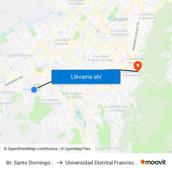 Br. Santo Domingo (Cl 68b Sur - Kr 77b) to Universidad Distrital Francisco José De Caldas - Sede Vivero map