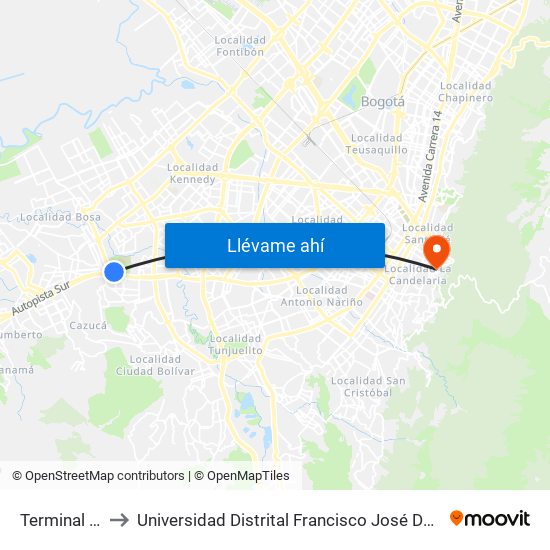 Terminal Del Sur to Universidad Distrital Francisco José De Caldas - Sede Vivero map