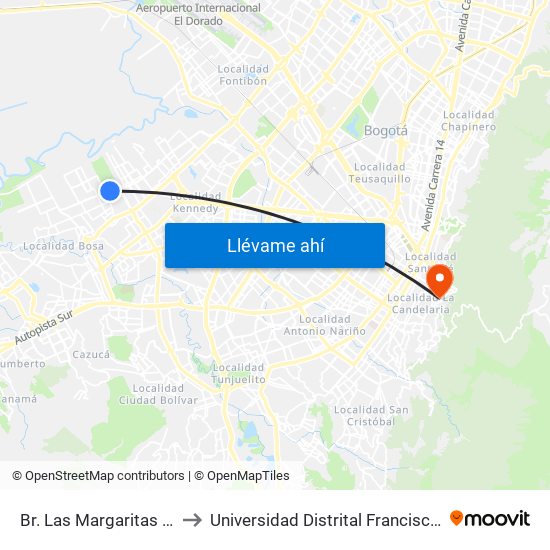 Br. Las Margaritas (Av. Tintal - Cl 49 Sur) to Universidad Distrital Francisco José De Caldas - Sede Vivero map