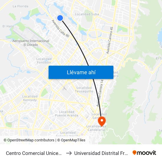 Centro Comercial Unicentro De Occidente (Kr 112f - Dg 86 Bis) to Universidad Distrital Francisco José De Caldas - Sede Vivero map