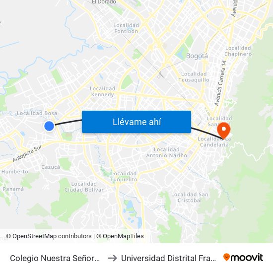 Colegio Nuestra Señora De Nazareth (Kr 80c - Cl 65d Sur) to Universidad Distrital Francisco José De Caldas - Sede Vivero map