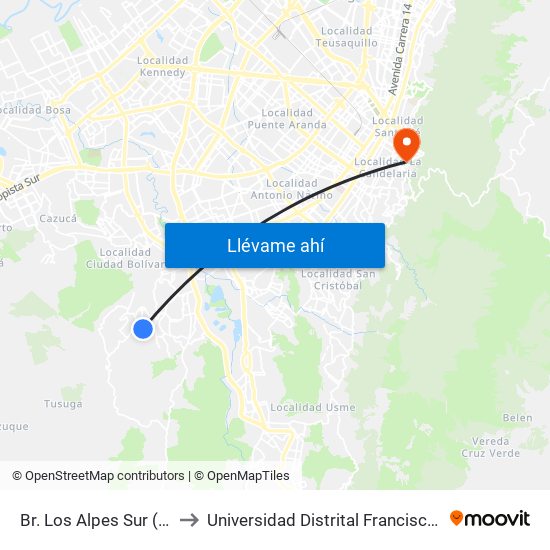 Br. Los Alpes Sur (Kr 26 - Cl 75 Bis Sur) to Universidad Distrital Francisco José De Caldas - Sede Vivero map