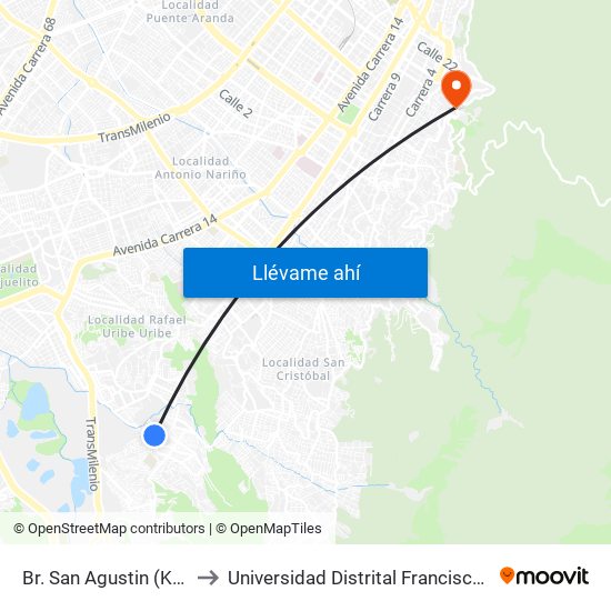 Br. San Agustin (Kr 5b - Cl 48z Bis Sur) to Universidad Distrital Francisco José De Caldas - Sede Vivero map