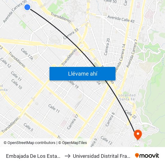 Embajada De Los Estados Unidos (Av. Esperanza - Kr 48) to Universidad Distrital Francisco José De Caldas - Sede Vivero map