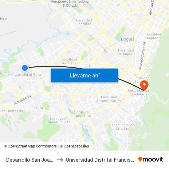 Desarrollo San Joaquín (Cl 71 Sur - Kr 88f) to Universidad Distrital Francisco José De Caldas - Sede Vivero map