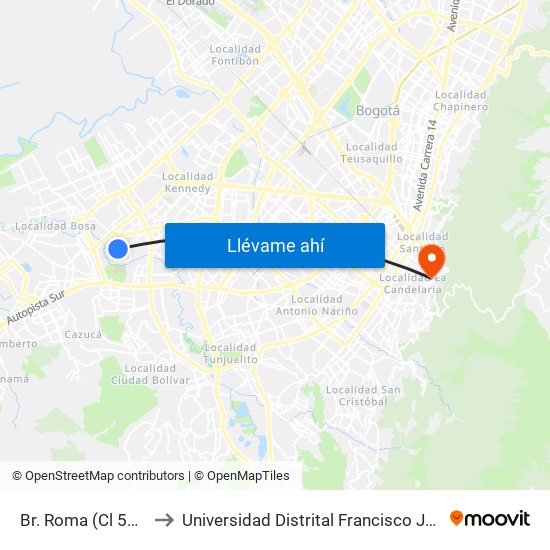 Br. Roma (Cl 57a Sur - Kr 78f) to Universidad Distrital Francisco José De Caldas - Sede Vivero map