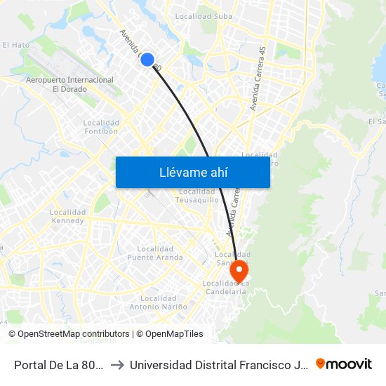 Portal De La 80 (Ac 80 - Kr 96) to Universidad Distrital Francisco José De Caldas - Sede Vivero map