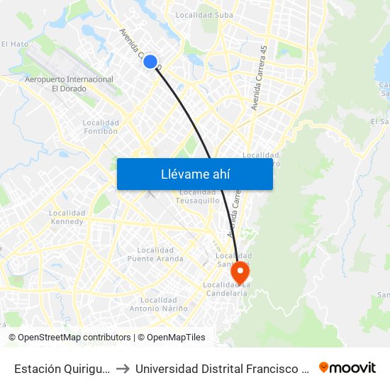 Estación Quirigua (Ac 80 - Kr 94) to Universidad Distrital Francisco José De Caldas - Sede Vivero map