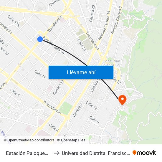 Estación Paloquemao (Av. NQS - Cl 17a) to Universidad Distrital Francisco José De Caldas - Sede Vivero map