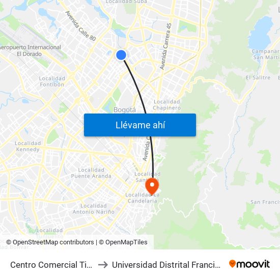 Centro Comercial Titán Plaza (Ac 80 - Kr 69t) to Universidad Distrital Francisco José De Caldas - Sede Vivero map