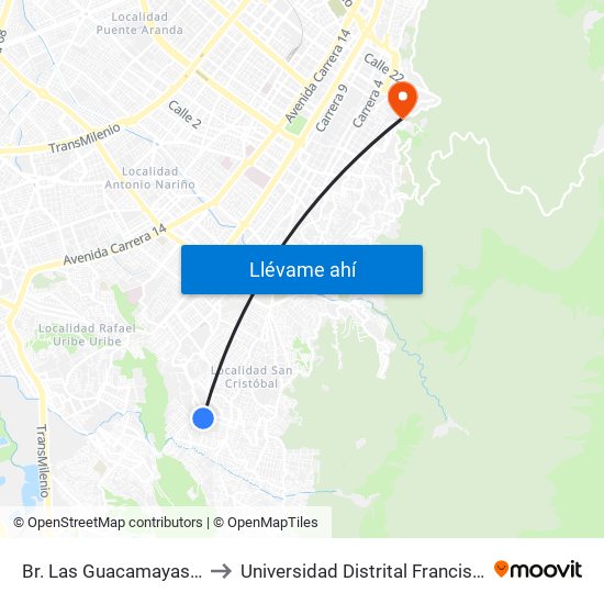 Br. Las Guacamayas (Dg 39 Sur - Kr 1d Este) to Universidad Distrital Francisco José De Caldas - Sede Vivero map