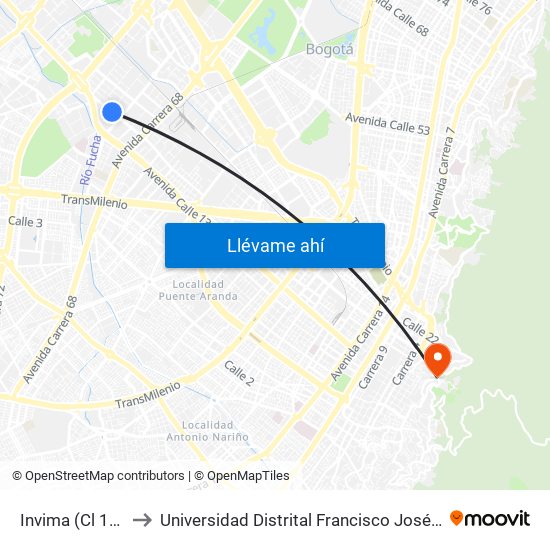 Invima (Cl 17 - Kr 68d) to Universidad Distrital Francisco José De Caldas - Sede Vivero map