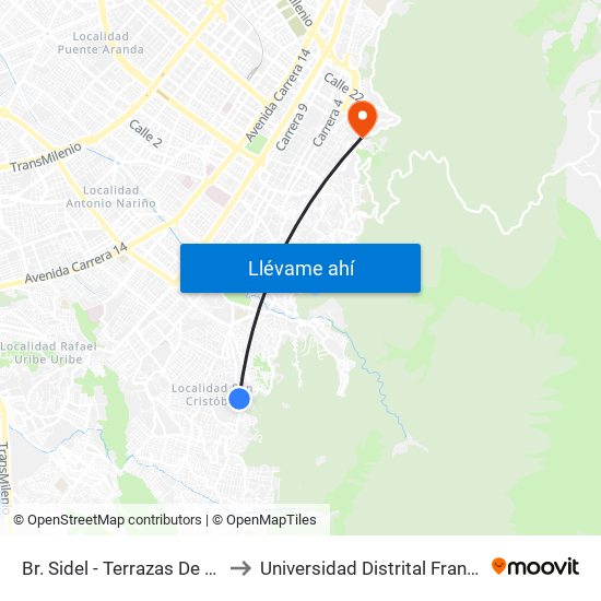 Br. Sidel - Terrazas De Oriente (Kr 9b Este - Cl 32b Sur) to Universidad Distrital Francisco José De Caldas - Sede Vivero map