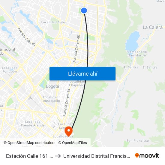 Estación Calle 161 (Auto Norte - Ac 161) to Universidad Distrital Francisco José De Caldas - Sede Vivero map