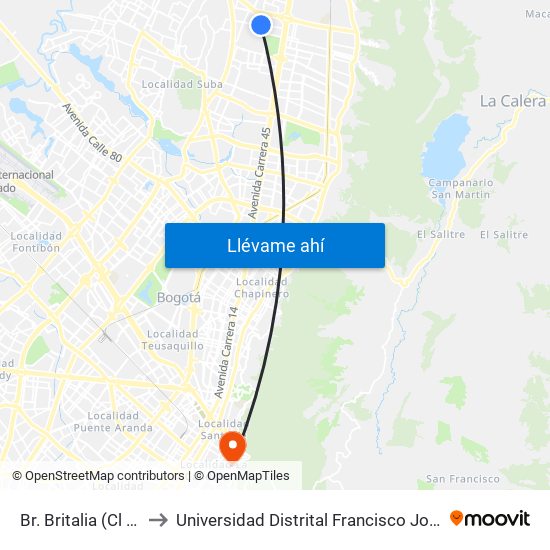 Br. Britalia (Cl 167 - Kr 54d) to Universidad Distrital Francisco José De Caldas - Sede Vivero map