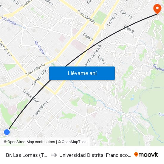 Br. Las Lomas (Tv 11a - Dg 38g Sur) to Universidad Distrital Francisco José De Caldas - Sede Vivero map