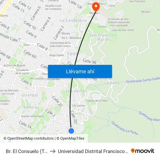 Br. El Consuelo (Tv 11c Este - Cl 1c) to Universidad Distrital Francisco José De Caldas - Sede Vivero map