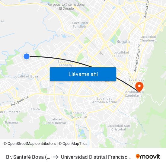 Br. Santafé Bosa (Cl 56f Sur - Kr 98c) to Universidad Distrital Francisco José De Caldas - Sede Vivero map